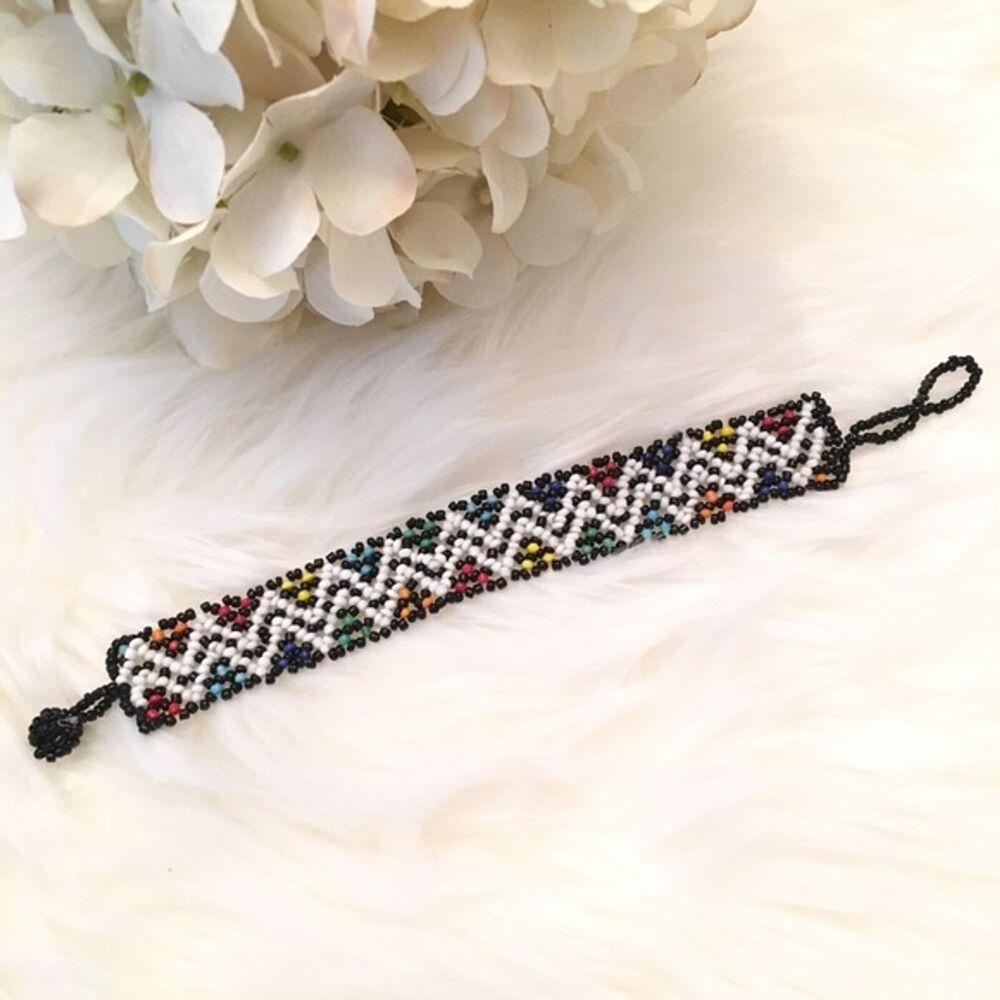Hand Beaded Mexican Huichol Bracelet Colorful Multicolor Double‎ Zig Zag Rainbow